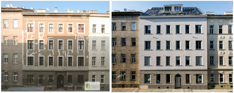 Before and after image of a passivhaus retrofit of gruenderzeit building. (Andreas Kronberger)
