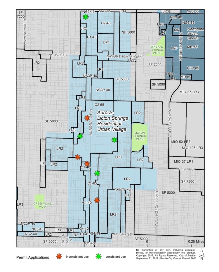 Existing zoning in the Aurora-Licton Springs Urban Village and pending development applications. (City of Seattle)