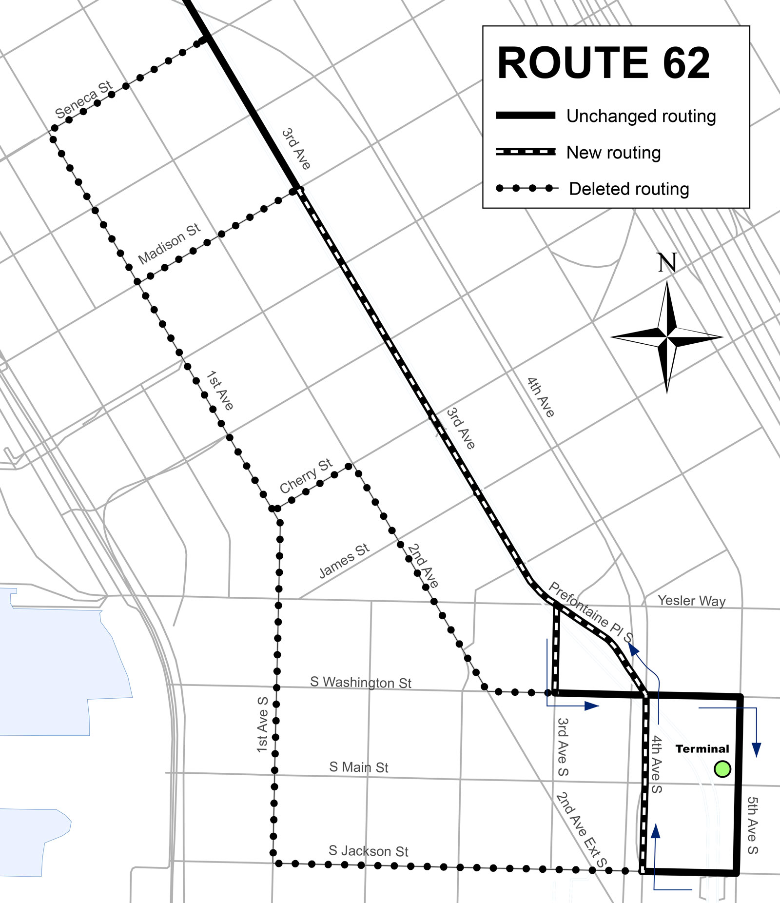 Revised Route 62 alignment in Downtown Seattle. (King County)