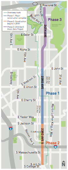 Map of the whole 23rd Avenue corridor including phases and nearby greenway. (City of Seattle)