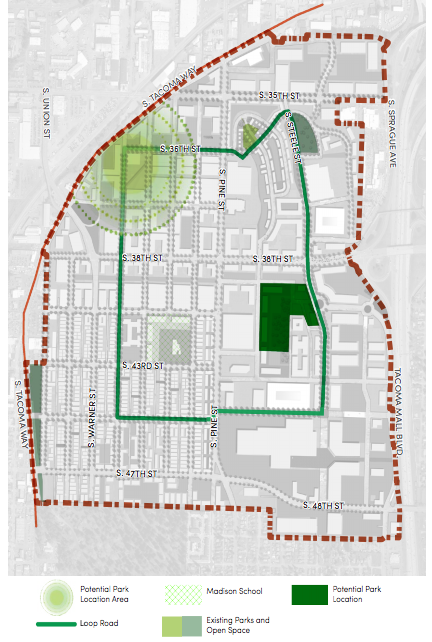 Existing and potential park spaces. (City of Tacoma)
