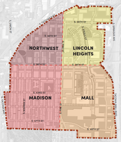 The four districts that make up the Tacoma Mall Regional Growth Center. (City of Tacoma)