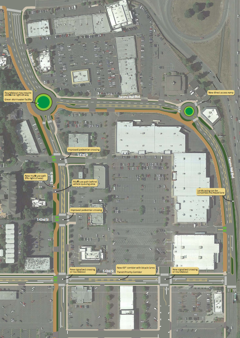 Street design concept for the strip commercial area just north of the Tacoma Mall. (City of Tacoma)