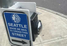 SDOT Misunderstands #GivePedstheGreen A beg button formerly required to get a pedestrian signal at an intersection. (Photo by author)
