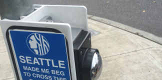 SDOT Misunderstands #GivePedstheGreen A beg button formerly required to get a pedestrian signal at an intersection. (Photo by author)