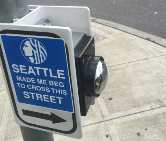 SDOT Misunderstands #GivePedstheGreen A beg button formerly required to get a pedestrian signal at an intersection. (Photo by author)