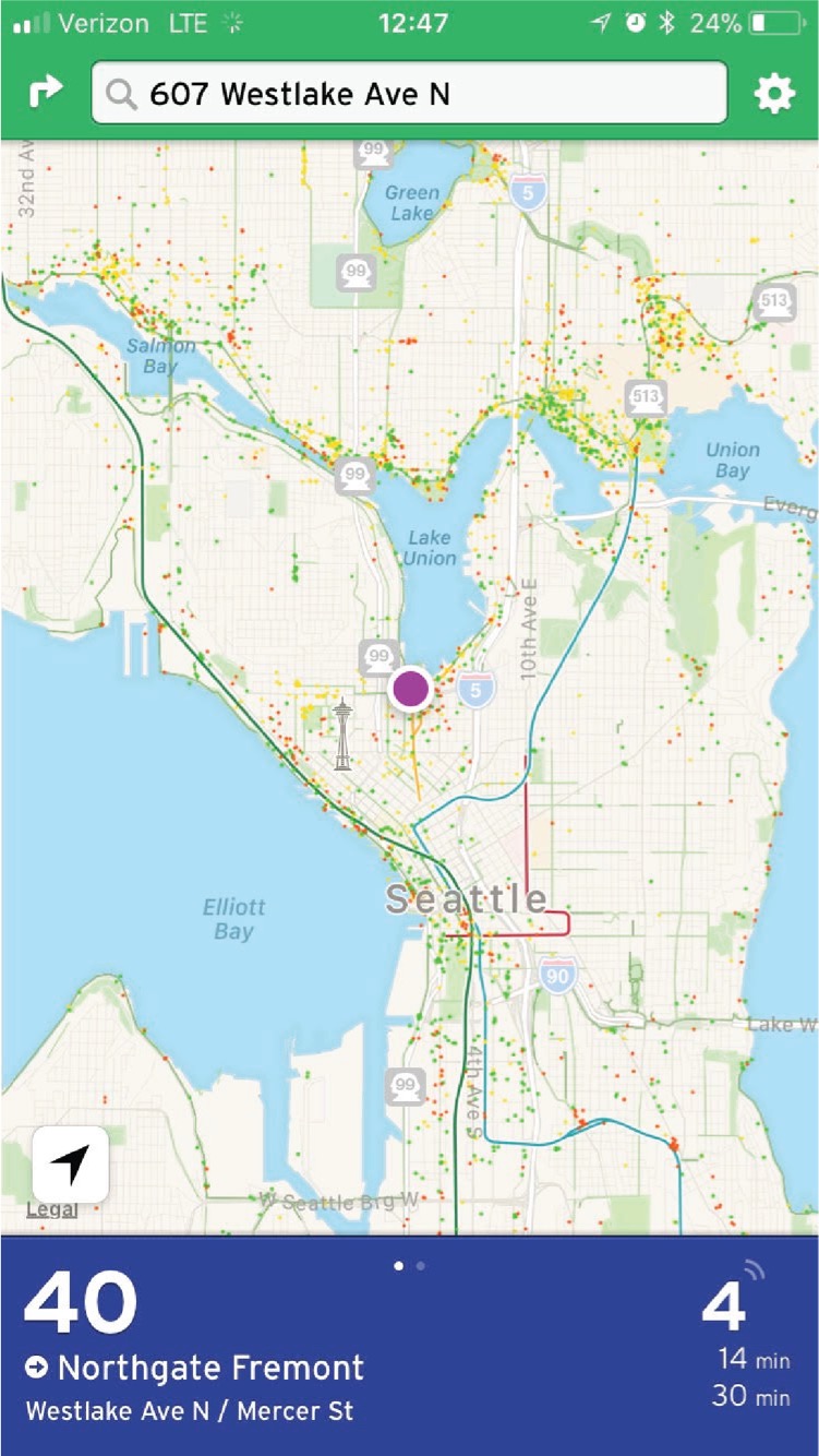 A wide area view of Transit app in Seattle on Thursday, October 5, 2017 just before 1pm. Note the areas bereft of dockless bikes.