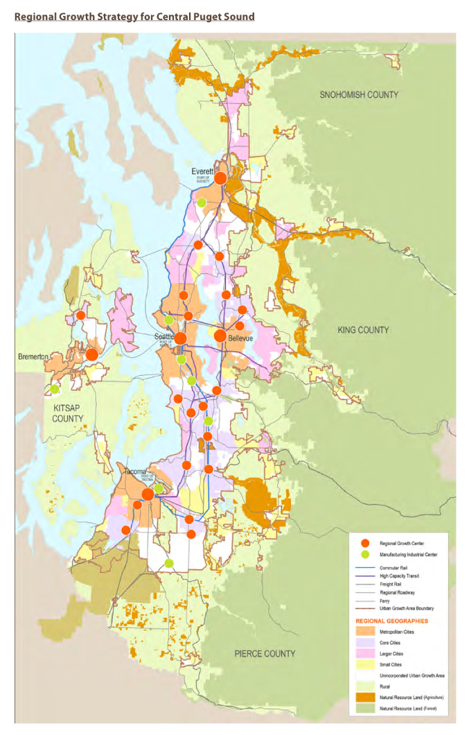 The current VISION 2040 Regional Growth Strategy with designated centers identified. (Puget Sound Regional Council)