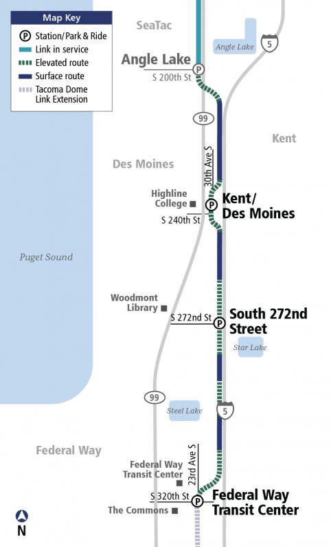 Federal Way Link Extension will run south 7.8 miles from Angle Lake to Federal Way Transit Center stopping at Kent/Des Moines and Star Lake along the way. (Sound Transit)