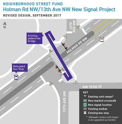 Updated design for the Holman Rd NW and 13th Ave NW road safety project. (City of Seattle)