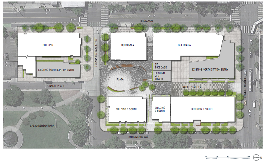 Landscape and hardscape plan for the transit-oriented development site. (City of Seattle)