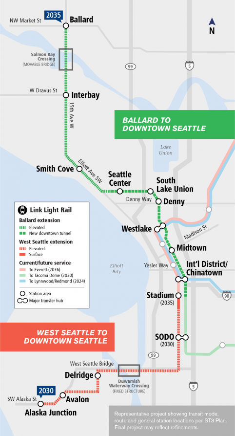 Conceptual corridors, station locations, and guideway elevation. (Sound Transit)