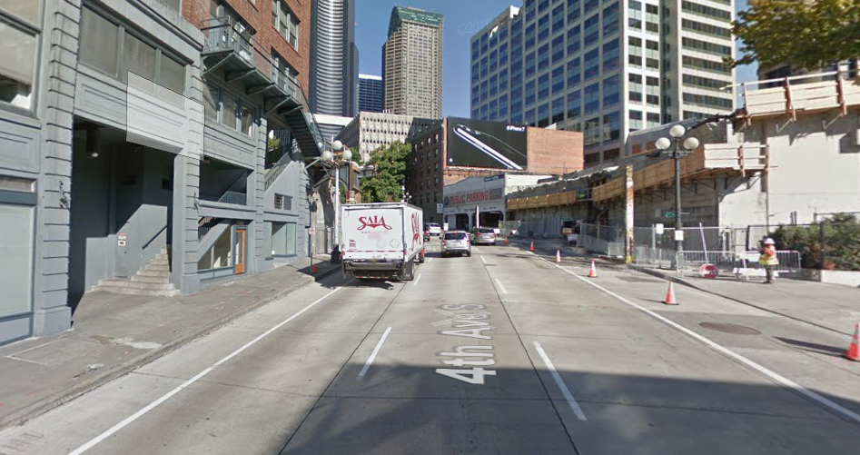 Yesler Bridge fully dismantled at Fourth Avenue in 2016. (Google Maps)