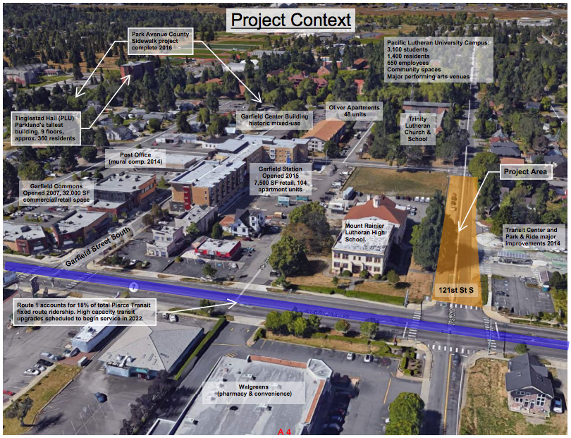Project context aerial for the 121st St S improvements. (Pierce County)
