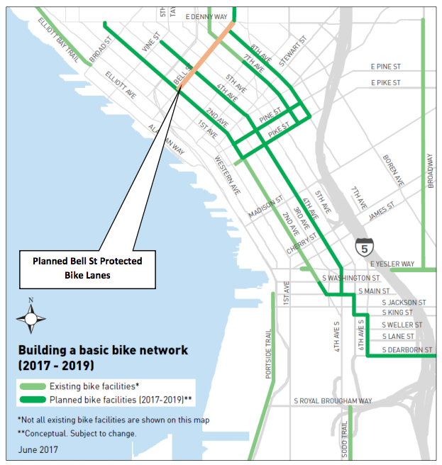 The orange line indicates where the Bell Street protected bike lanes are proposed. (City of Seattle)