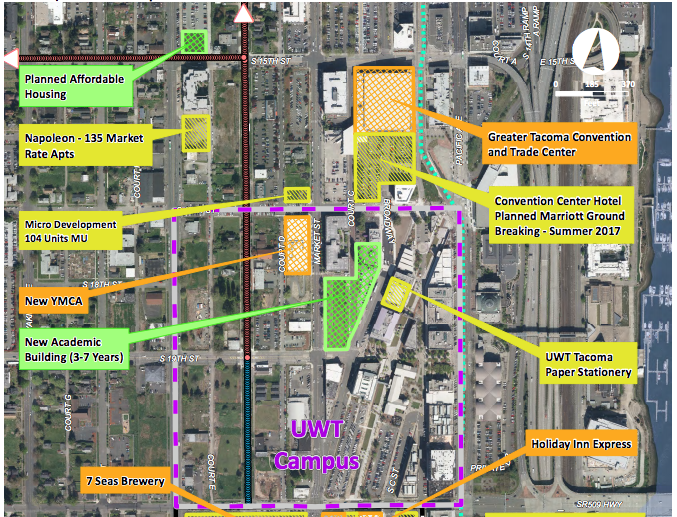 The dashed red and blue lines indicated the proposed bike and pedestrian improvements. (City of Tacoma)
