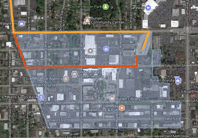 Gold represents the current Route 120 alignment; orange represents a possible alternative alignment for the H Line; and blue represents the Burien town center.