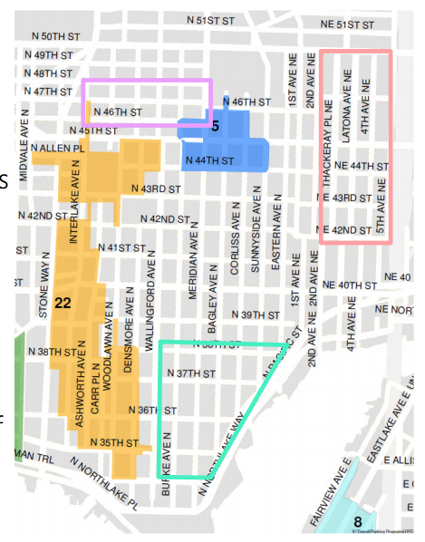 Areas in Wallingford with RPZs and areas where new or expanded ones were requested (denoted by the boxes). (City of Seattle)