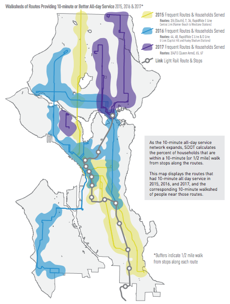 Walksheds of frequent transit service corridors by year. (City of Seattle)