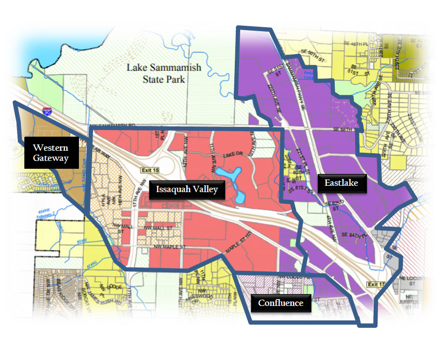 Central Issaquah Plan includes “districts” labeled Western Greenway, Issaquah Valley, Confluence, and Eastlake. (City of Issaquah)