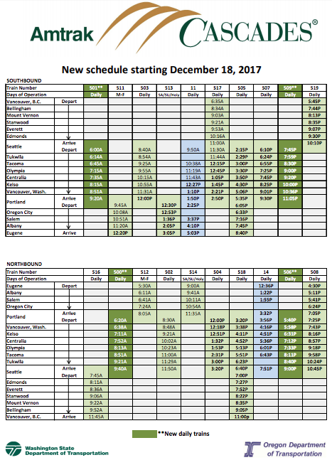 The new Amtrak Cascades schedule starting on December 18, 2017. Green are Cascades trains while blue are Coast Startlight trains. (WSDOT)