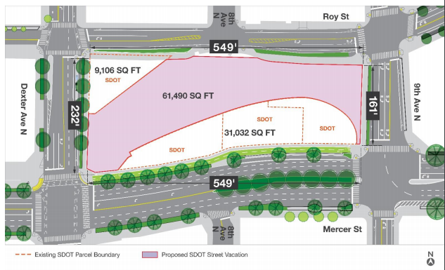 The pink area is the Broad Street right-of-way vacated by the city council. (City of Seattle)