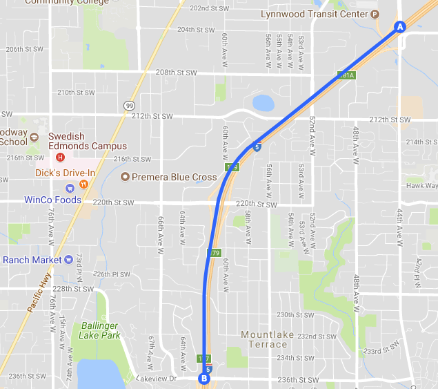 Where BOS lanes could be installed on I-5. (Google Maps)