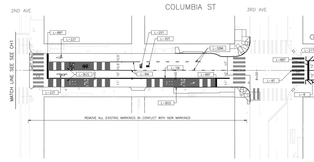 Rechannelization of Columbia Street between Second Avenue and Third Avenue. (City of Seattle)