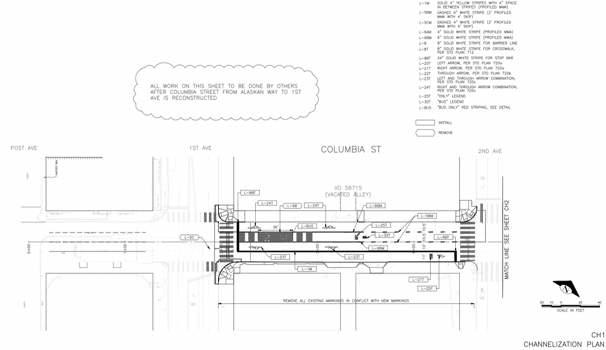 Rechannelization of Columbia Street between First Avenue and Second Avenue. (City of Seattle)