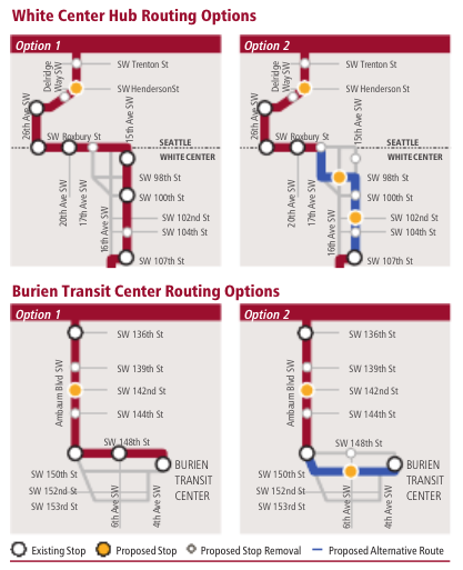 Proposed stop and routing options for the White Center commercial core and Downtown Burien. (King County)