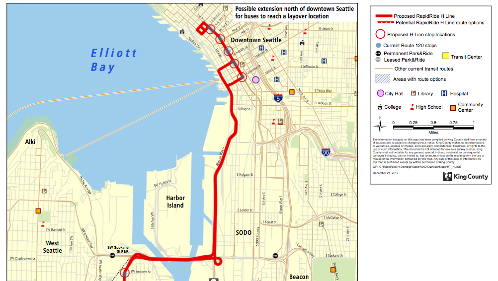 Proposed Downtown Seattle routing and stops. (King County)