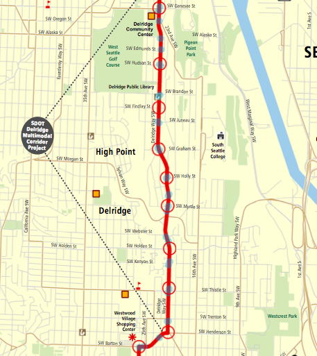Proposed stop changes along Delridge Way SW. Blue dots are current stops; red circles are proposed stop pairs. (King County)