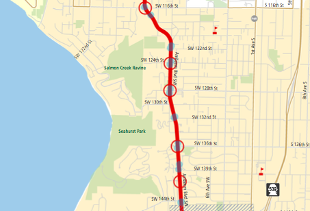 Proposed stop changes between White Center and Burien. Blue dots are current stops; red circles are proposed stop pairs. (King County)