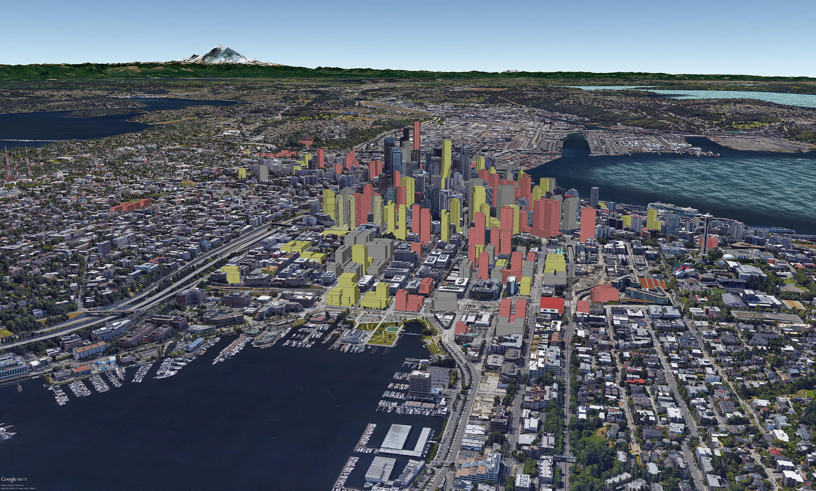 Rendering of South Lake Union with buildings currently under construction (yellow profiles), planned (salmon profiles), and completed (grey profiles). (David Boynton)