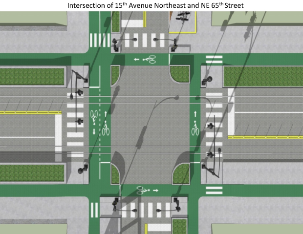 Rendering of a redesigned intersection at NE 65th St and 15th Ave NE. (Joe Mangan)