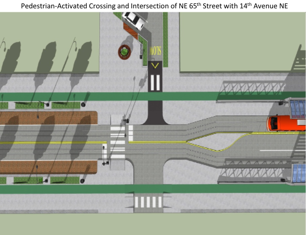 Rendering of pedestrian-activated crossing at intersection at NE 65th St and 14th Ave NE. (Joe Mangan)