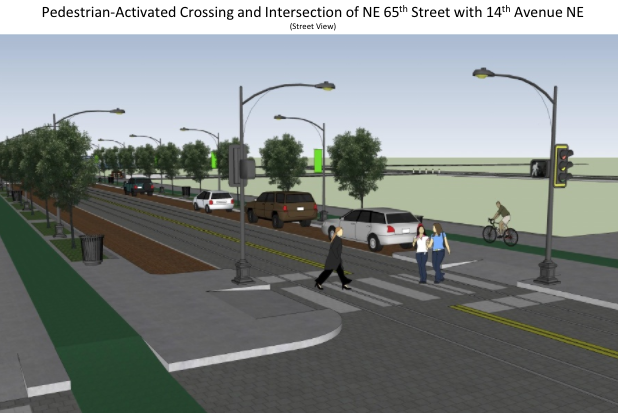 Perspective of pedestrian-activated crossing at intersection at NE 65th St and 14th Ave NE. (Joe Mangan)