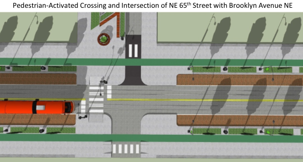 Rendering of pedestrian-activated crossing at intersection at NE 65th St and Brooklyn Ave NE. (Joe Mangan)
