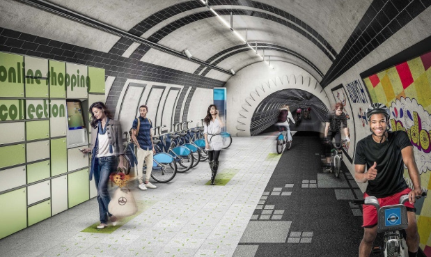 Rendering of an idealized reused London Underground station. (Gensler)