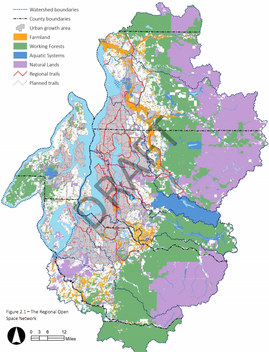 The open space network includes farmland (orange), working forests (green), aquatic systems (blue), and natural lands (purple). Click for larger version. (PSRC)