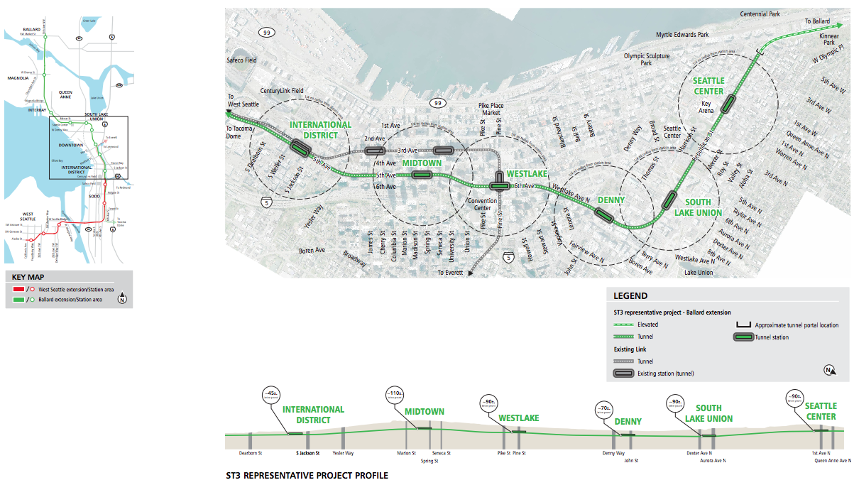 Roll map of the conceptual alignment from Uptown through Downtown. Click for larger version. (Sound Transit)