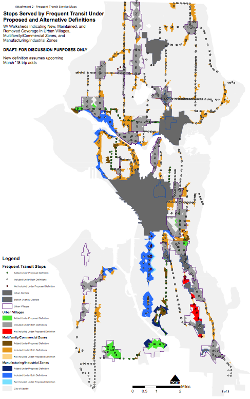 An earlier draft of what might change and qualify as "frequent transit service areas" under the new law. (City of Seattle)