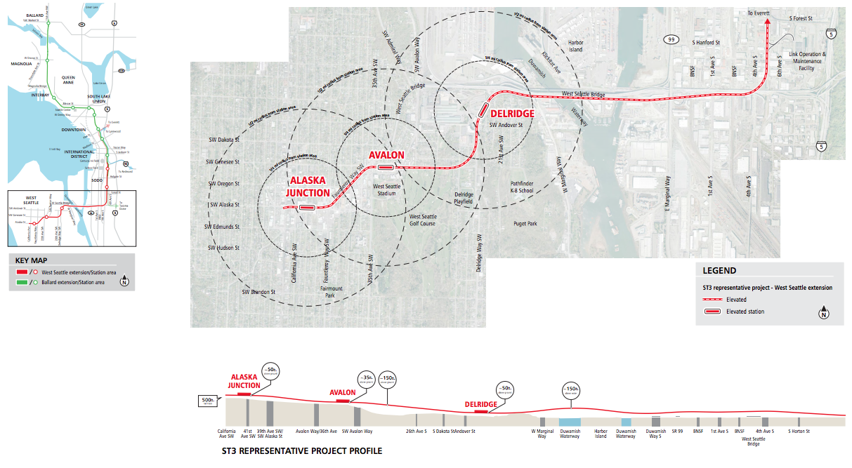 Roll map of the conceptual alignment from SoDo to Alaska Junction. Click for larger version. (Sound Transit)