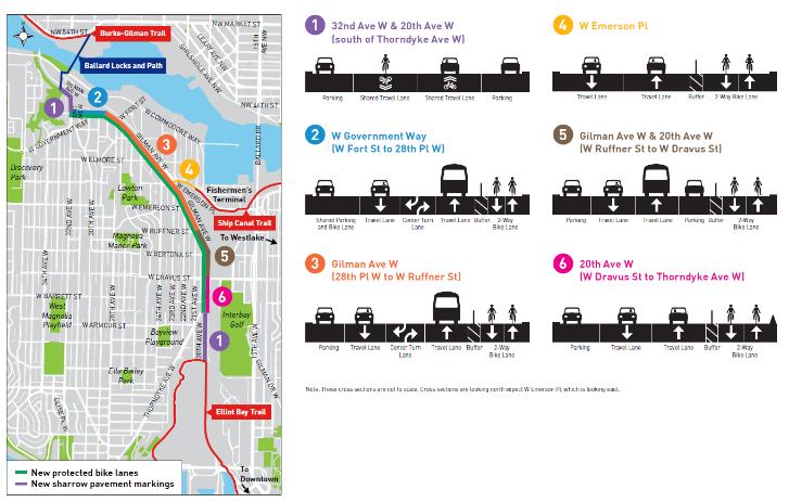 New bike lane facilities and street redesigns in Magnolia and Interbay. (City of Seattle)