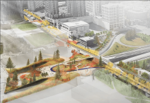 Pollution Impacts Heighten the Need for Lids or Freeway Removal A rendering some a row of trees and lawn on a lid over 405.