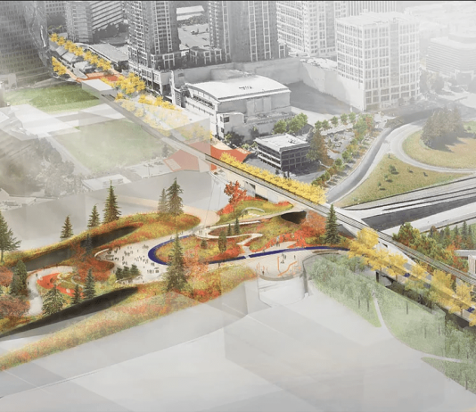 Pollution Impacts Heighten the Need for Lids or Freeway Removal A rendering some a row of trees and lawn on a lid over 405.