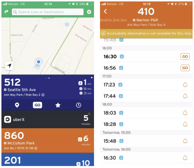 Left: Routes operated by Community Transit with accessibility information. Right: Route 410 noting that stop-level accessibility information is not available.