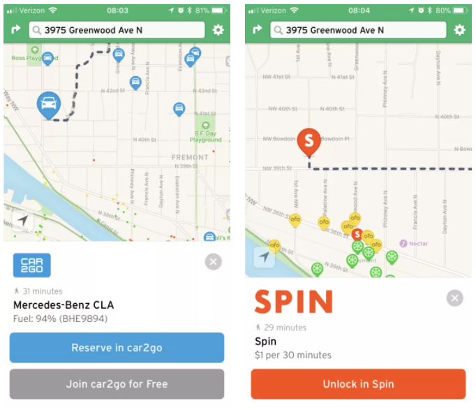 The new look for rental services and bikeshare. (Transit App)