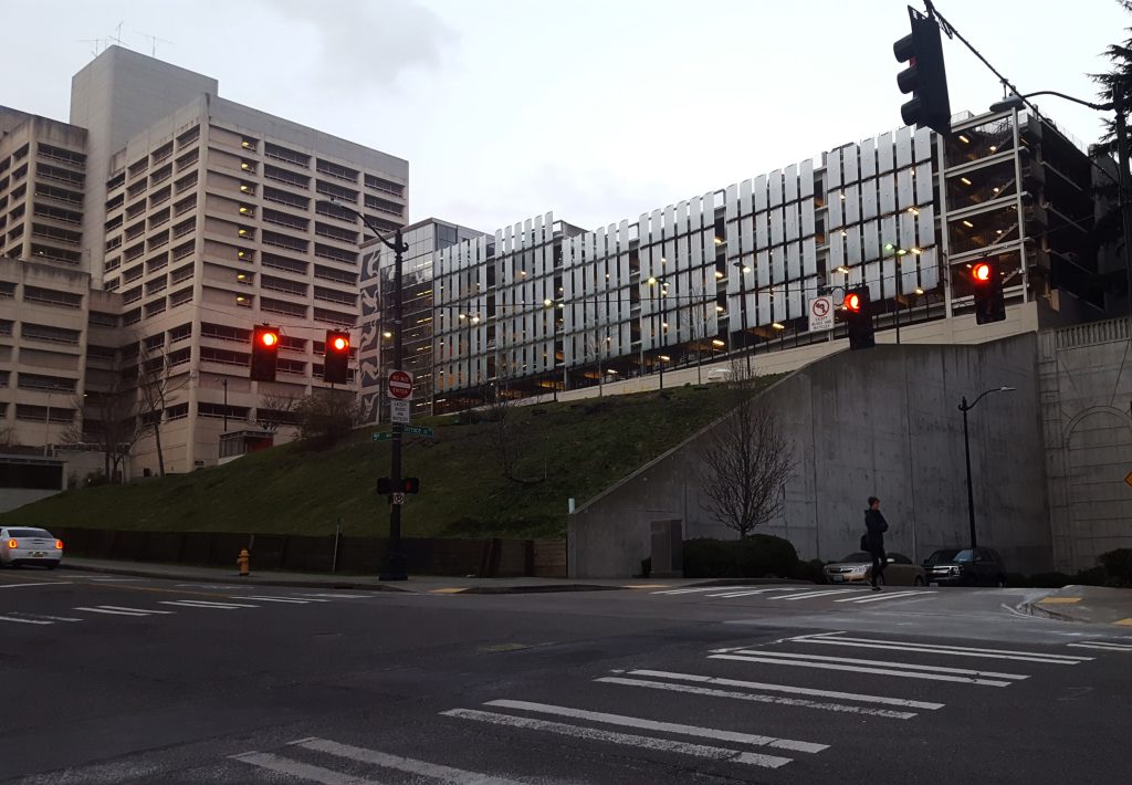 The vacant King County site in front an employee parking garage. (Photo by author)