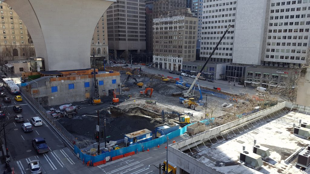 The nearly full-block Rainier Square site, owned by the UW, would have been an excellent location for a large central park. The planned tower will be the second tallest in Seattle. (Photo by author)